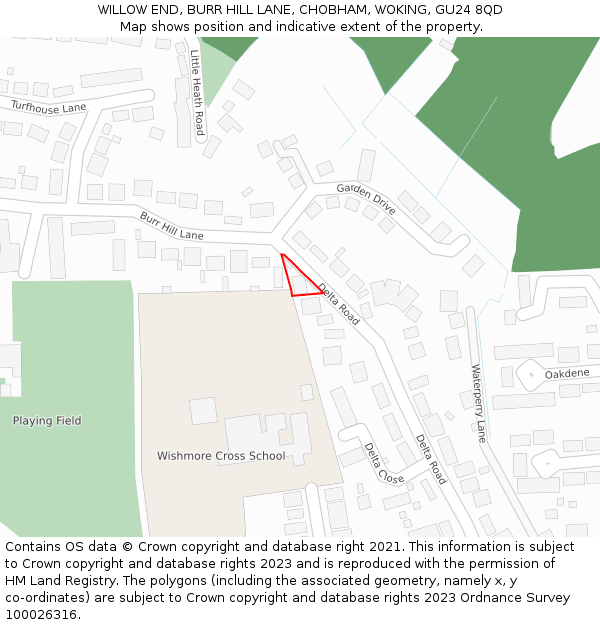 WILLOW END, BURR HILL LANE, CHOBHAM, WOKING, GU24 8QD: Location map and indicative extent of plot
