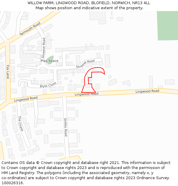 WILLOW FARM, LINGWOOD ROAD, BLOFIELD, NORWICH, NR13 4LL: Location map and indicative extent of plot