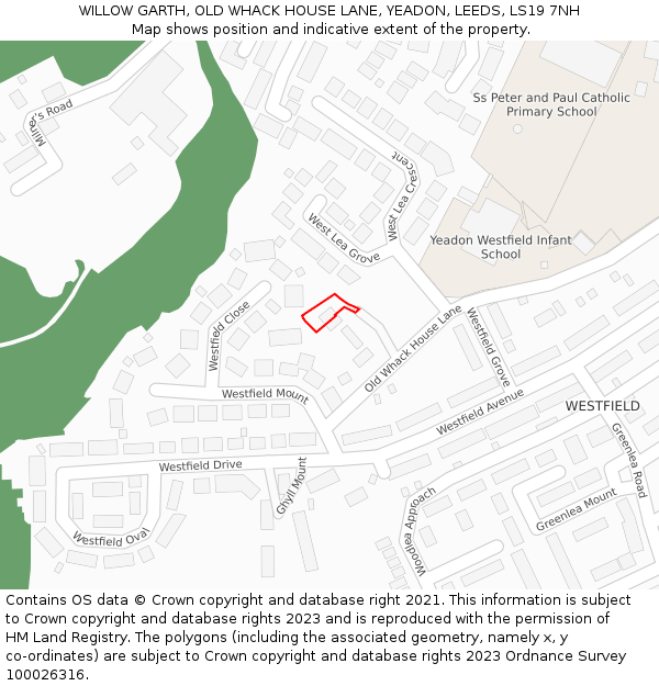 WILLOW GARTH, OLD WHACK HOUSE LANE, YEADON, LEEDS, LS19 7NH: Location map and indicative extent of plot