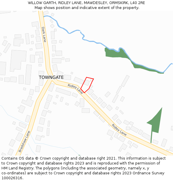 WILLOW GARTH, RIDLEY LANE, MAWDESLEY, ORMSKIRK, L40 2RE: Location map and indicative extent of plot