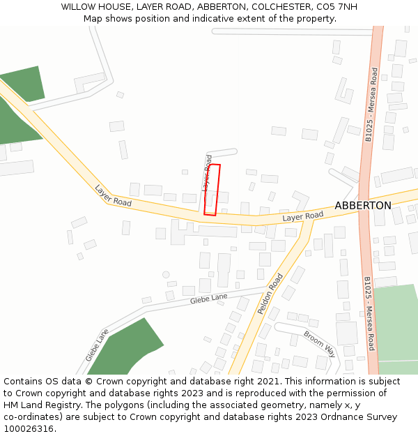 WILLOW HOUSE, LAYER ROAD, ABBERTON, COLCHESTER, CO5 7NH: Location map and indicative extent of plot