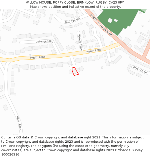 WILLOW HOUSE, POPPY CLOSE, BRINKLOW, RUGBY, CV23 0PY: Location map and indicative extent of plot