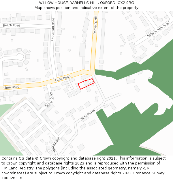 WILLOW HOUSE, YARNELLS HILL, OXFORD, OX2 9BG: Location map and indicative extent of plot