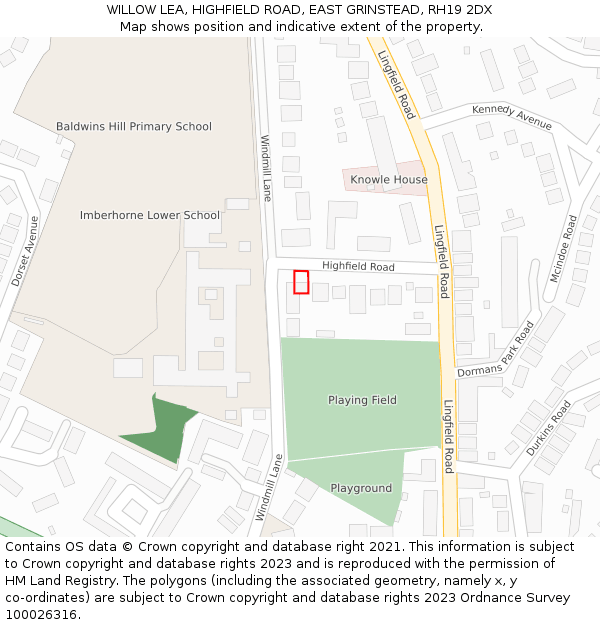 WILLOW LEA, HIGHFIELD ROAD, EAST GRINSTEAD, RH19 2DX: Location map and indicative extent of plot