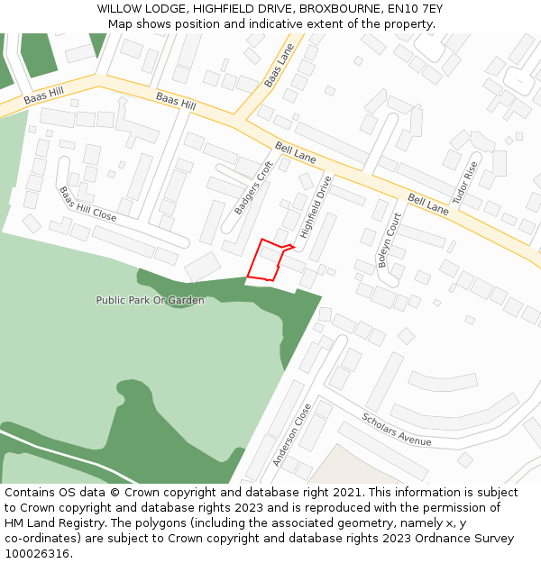 WILLOW LODGE, HIGHFIELD DRIVE, BROXBOURNE, EN10 7EY: Location map and indicative extent of plot