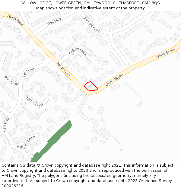 WILLOW LODGE, LOWER GREEN, GALLEYWOOD, CHELMSFORD, CM2 8QS: Location map and indicative extent of plot