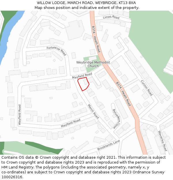 WILLOW LODGE, MARCH ROAD, WEYBRIDGE, KT13 8XA: Location map and indicative extent of plot