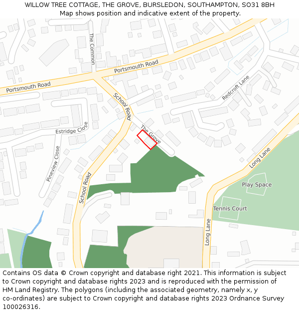 WILLOW TREE COTTAGE, THE GROVE, BURSLEDON, SOUTHAMPTON, SO31 8BH: Location map and indicative extent of plot