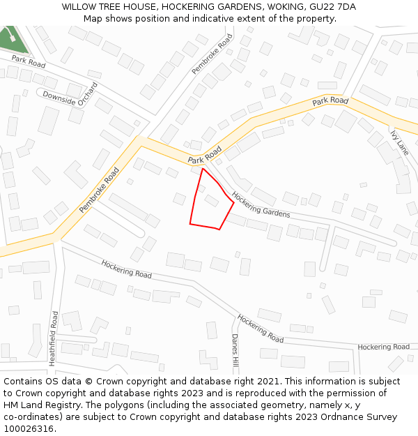 WILLOW TREE HOUSE, HOCKERING GARDENS, WOKING, GU22 7DA: Location map and indicative extent of plot