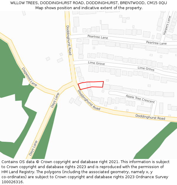 WILLOW TREES, DODDINGHURST ROAD, DODDINGHURST, BRENTWOOD, CM15 0QU: Location map and indicative extent of plot