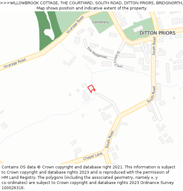 WILLOWBROOK COTTAGE, THE COURTYARD, SOUTH ROAD, DITTON PRIORS, BRIDGNORTH, WV16 6SJ: Location map and indicative extent of plot