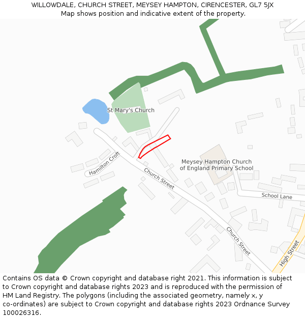 WILLOWDALE, CHURCH STREET, MEYSEY HAMPTON, CIRENCESTER, GL7 5JX: Location map and indicative extent of plot