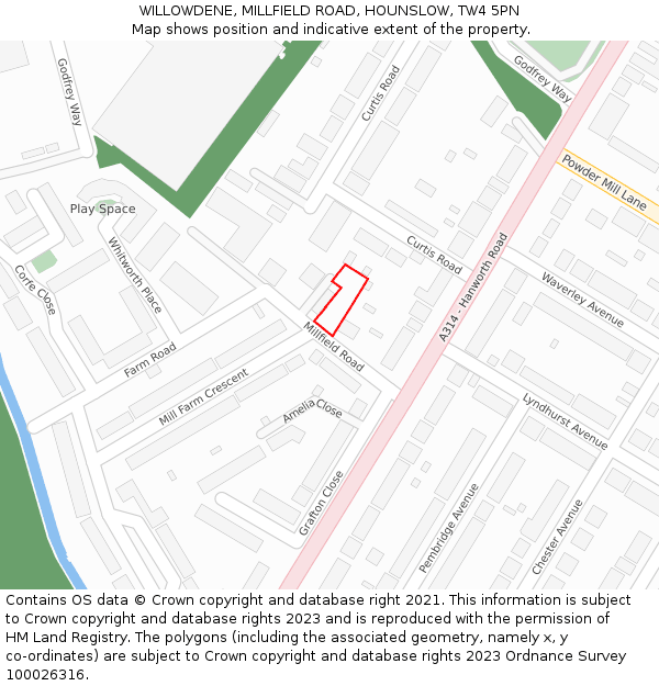 WILLOWDENE, MILLFIELD ROAD, HOUNSLOW, TW4 5PN: Location map and indicative extent of plot