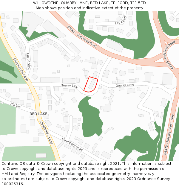 WILLOWDENE, QUARRY LANE, RED LAKE, TELFORD, TF1 5ED: Location map and indicative extent of plot