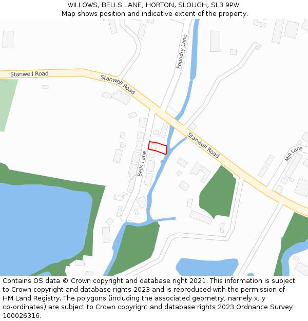 WILLOWS, BELLS LANE, HORTON, SLOUGH, SL3 9PW: Location map and indicative extent of plot