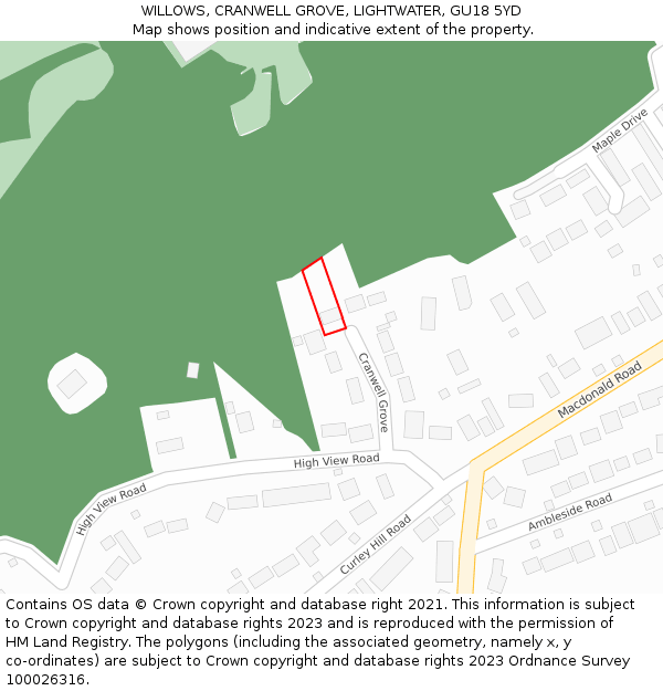 WILLOWS, CRANWELL GROVE, LIGHTWATER, GU18 5YD: Location map and indicative extent of plot