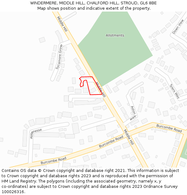 WINDERMERE, MIDDLE HILL, CHALFORD HILL, STROUD, GL6 8BE: Location map and indicative extent of plot