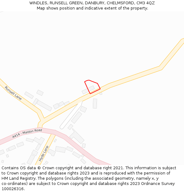 WINDLES, RUNSELL GREEN, DANBURY, CHELMSFORD, CM3 4QZ: Location map and indicative extent of plot