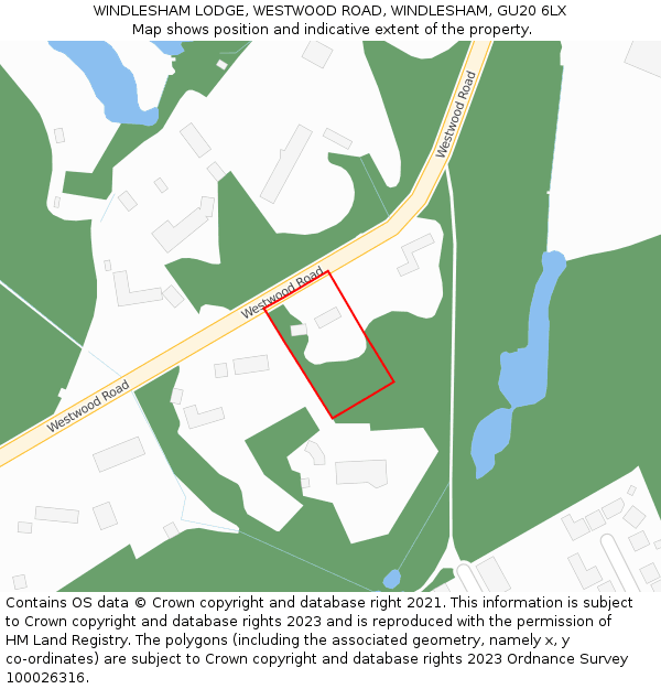 WINDLESHAM LODGE, WESTWOOD ROAD, WINDLESHAM, GU20 6LX: Location map and indicative extent of plot