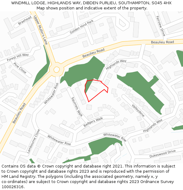 WINDMILL LODGE, HIGHLANDS WAY, DIBDEN PURLIEU, SOUTHAMPTON, SO45 4HX: Location map and indicative extent of plot