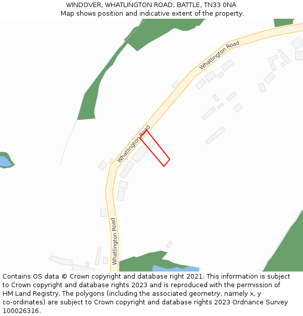 WINDOVER, WHATLINGTON ROAD, BATTLE, TN33 0NA: Location map and indicative extent of plot