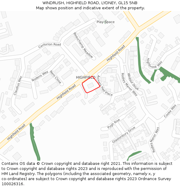 WINDRUSH, HIGHFIELD ROAD, LYDNEY, GL15 5NB: Location map and indicative extent of plot