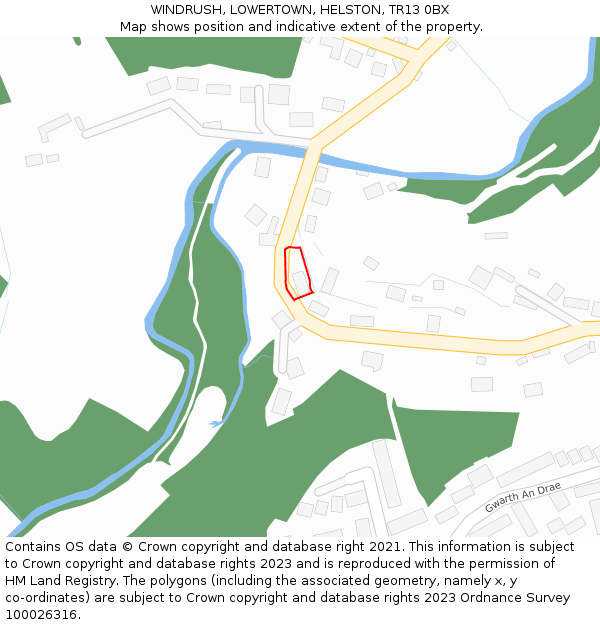 WINDRUSH, LOWERTOWN, HELSTON, TR13 0BX: Location map and indicative extent of plot