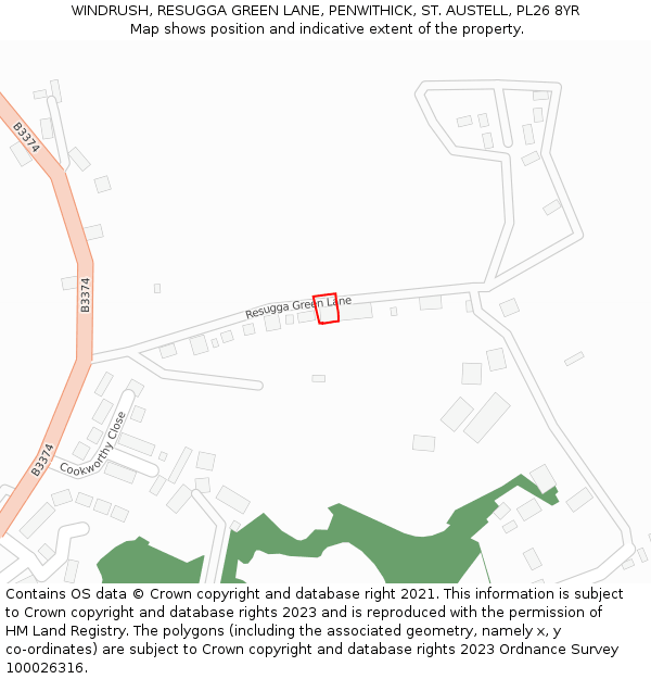 WINDRUSH, RESUGGA GREEN LANE, PENWITHICK, ST. AUSTELL, PL26 8YR: Location map and indicative extent of plot