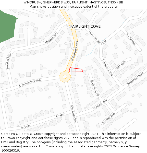 WINDRUSH, SHEPHERDS WAY, FAIRLIGHT, HASTINGS, TN35 4BB: Location map and indicative extent of plot