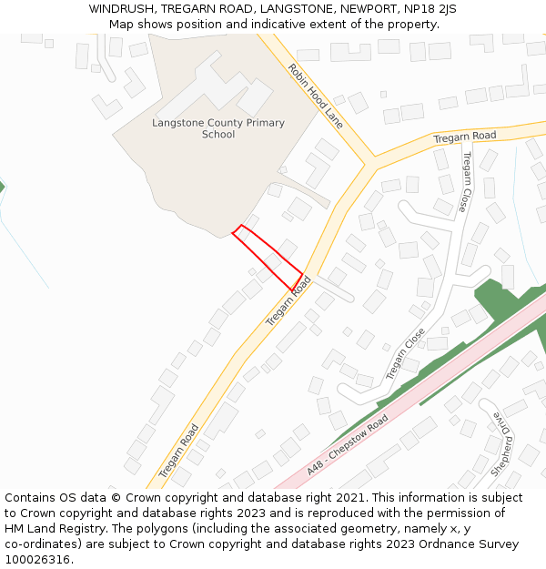 WINDRUSH, TREGARN ROAD, LANGSTONE, NEWPORT, NP18 2JS: Location map and indicative extent of plot