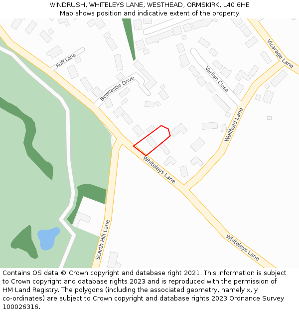 WINDRUSH, WHITELEYS LANE, WESTHEAD, ORMSKIRK, L40 6HE: Location map and indicative extent of plot