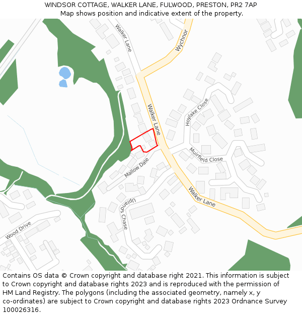 WINDSOR COTTAGE, WALKER LANE, FULWOOD, PRESTON, PR2 7AP: Location map and indicative extent of plot