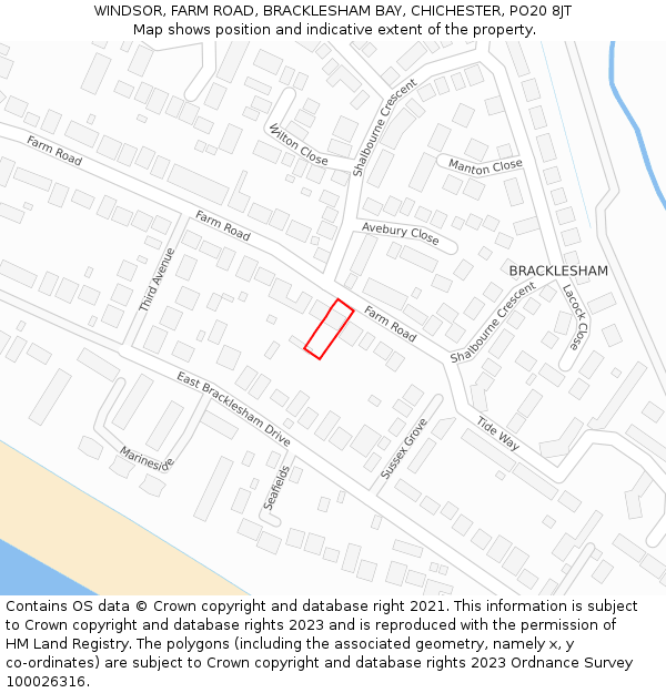 WINDSOR, FARM ROAD, BRACKLESHAM BAY, CHICHESTER, PO20 8JT: Location map and indicative extent of plot