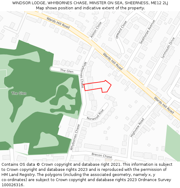 WINDSOR LODGE, WHYBORNES CHASE, MINSTER ON SEA, SHEERNESS, ME12 2LJ: Location map and indicative extent of plot