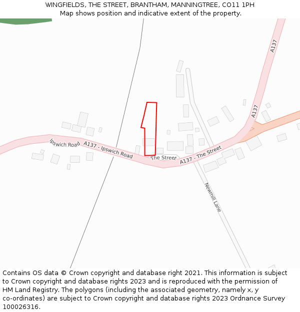 WINGFIELDS, THE STREET, BRANTHAM, MANNINGTREE, CO11 1PH: Location map and indicative extent of plot
