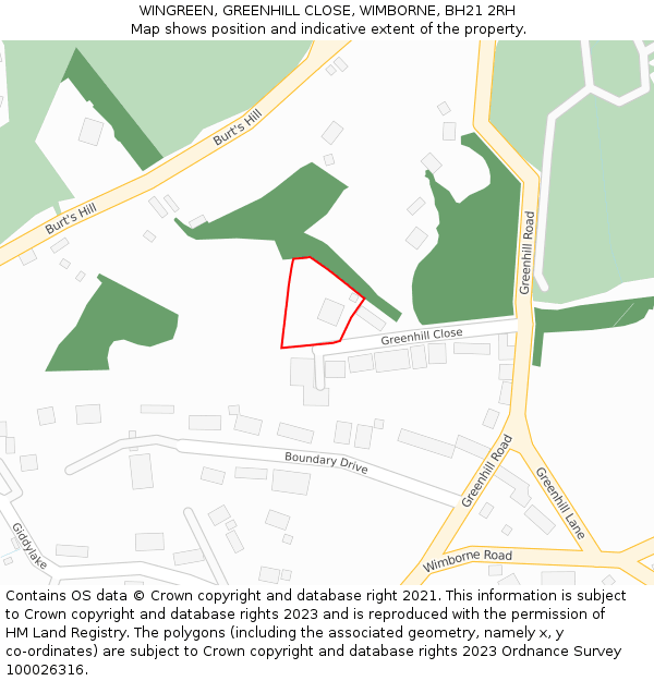 WINGREEN, GREENHILL CLOSE, WIMBORNE, BH21 2RH: Location map and indicative extent of plot