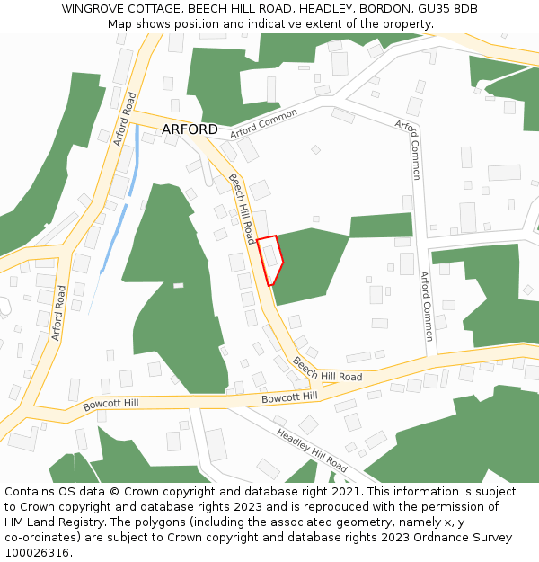 WINGROVE COTTAGE, BEECH HILL ROAD, HEADLEY, BORDON, GU35 8DB: Location map and indicative extent of plot