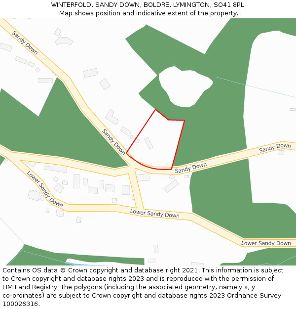 WINTERFOLD, SANDY DOWN, BOLDRE, LYMINGTON, SO41 8PL: Location map and indicative extent of plot