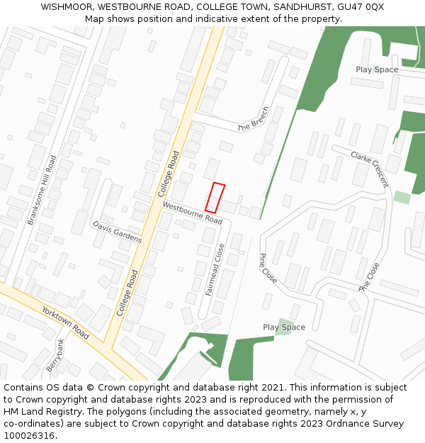 WISHMOOR, WESTBOURNE ROAD, COLLEGE TOWN, SANDHURST, GU47 0QX: Location map and indicative extent of plot