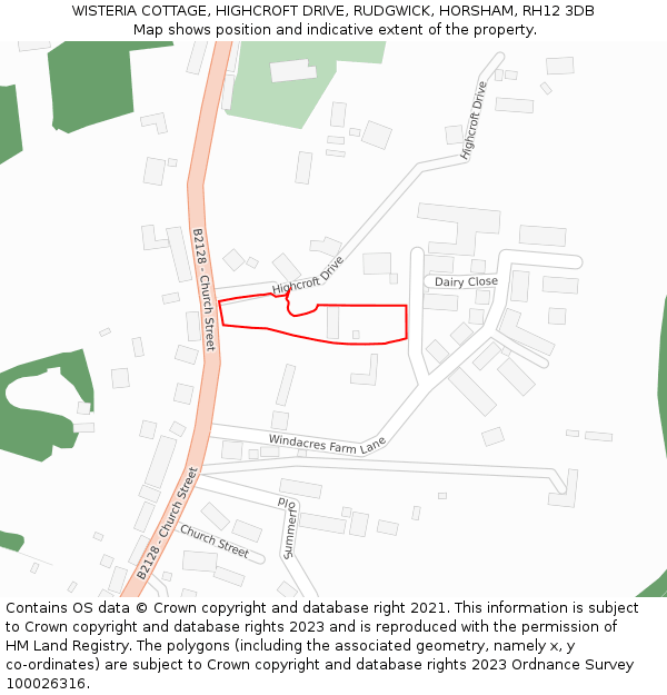 WISTERIA COTTAGE, HIGHCROFT DRIVE, RUDGWICK, HORSHAM, RH12 3DB: Location map and indicative extent of plot