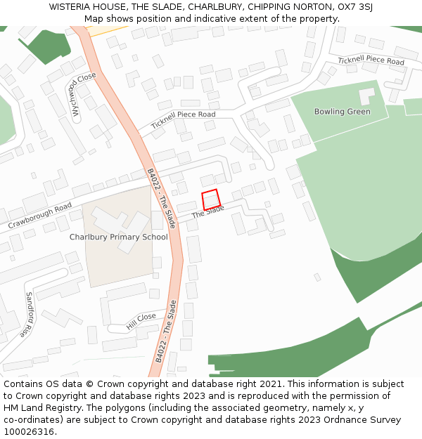 WISTERIA HOUSE, THE SLADE, CHARLBURY, CHIPPING NORTON, OX7 3SJ: Location map and indicative extent of plot