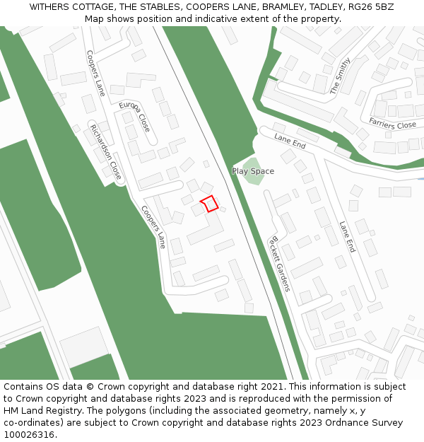 WITHERS COTTAGE, THE STABLES, COOPERS LANE, BRAMLEY, TADLEY, RG26 5BZ: Location map and indicative extent of plot