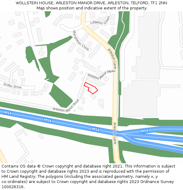 WOLLSTEIN HOUSE, ARLESTON MANOR DRIVE, ARLESTON, TELFORD, TF1 2NN: Location map and indicative extent of plot