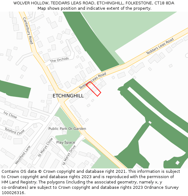 WOLVER HOLLOW, TEDDARS LEAS ROAD, ETCHINGHILL, FOLKESTONE, CT18 8DA: Location map and indicative extent of plot