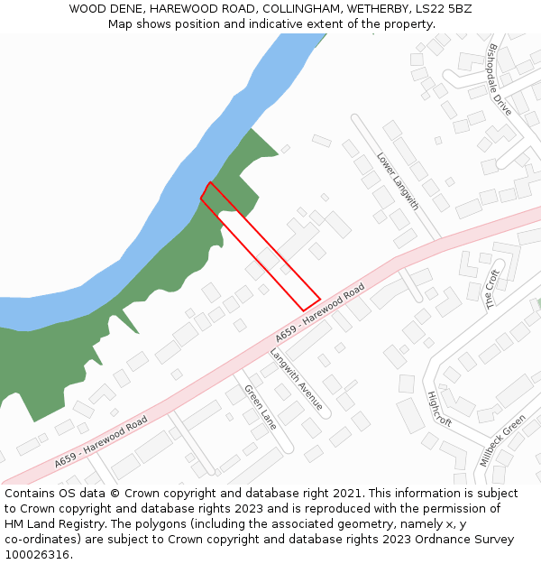 WOOD DENE, HAREWOOD ROAD, COLLINGHAM, WETHERBY, LS22 5BZ: Location map and indicative extent of plot