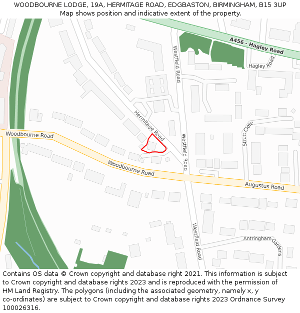 WOODBOURNE LODGE, 19A, HERMITAGE ROAD, EDGBASTON, BIRMINGHAM, B15 3UP: Location map and indicative extent of plot