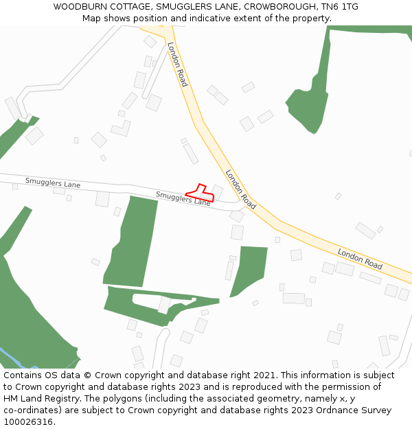 WOODBURN COTTAGE, SMUGGLERS LANE, CROWBOROUGH, TN6 1TG: Location map and indicative extent of plot