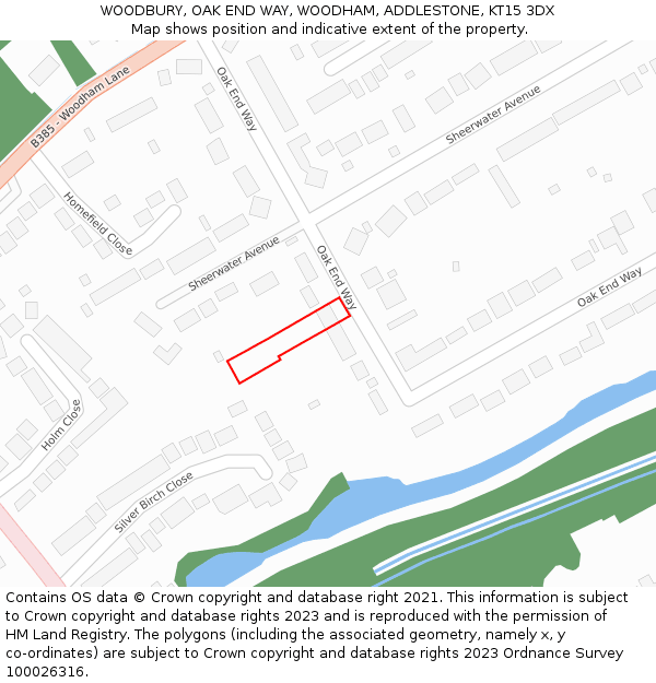 WOODBURY, OAK END WAY, WOODHAM, ADDLESTONE, KT15 3DX: Location map and indicative extent of plot