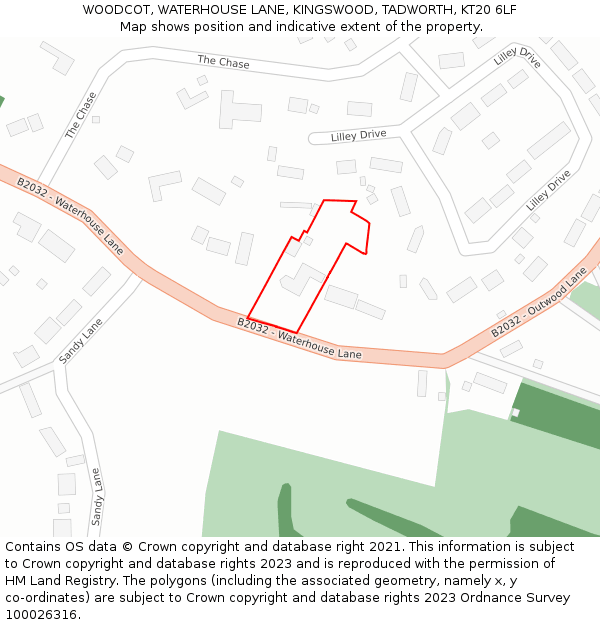 WOODCOT, WATERHOUSE LANE, KINGSWOOD, TADWORTH, KT20 6LF: Location map and indicative extent of plot