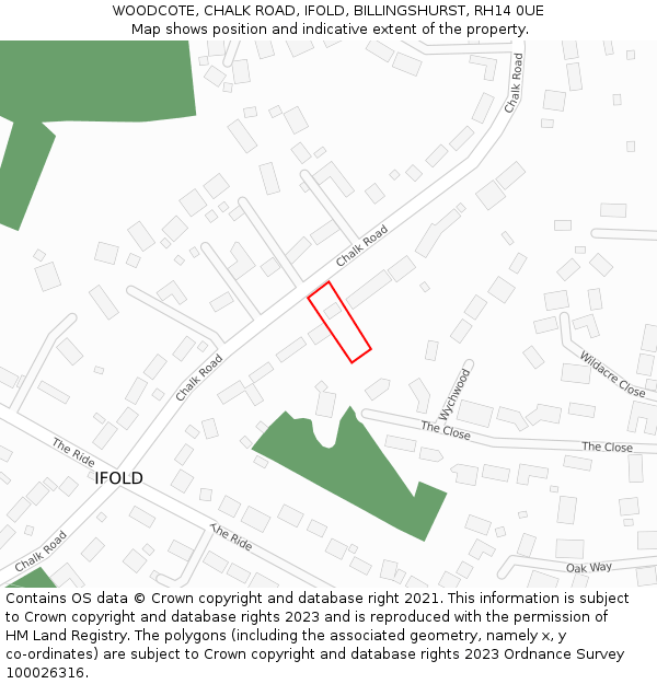 WOODCOTE, CHALK ROAD, IFOLD, BILLINGSHURST, RH14 0UE: Location map and indicative extent of plot